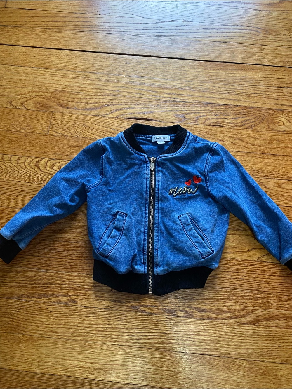 Kids Blue Denim-Style Bomber Jacket with 'Meow' Embroidery